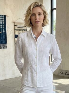 Vintage Arleen Bowman Classic White Button-Front Women's  Linen Shirt Size M